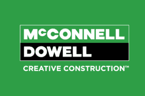 Logo for McConnell Dowell on a green background. The text “McCONNELL” is in white on a green bar, “DOWELL” is in white on a black bar, and “CREATIVE CONSTRUCTION™” is below in white letters.