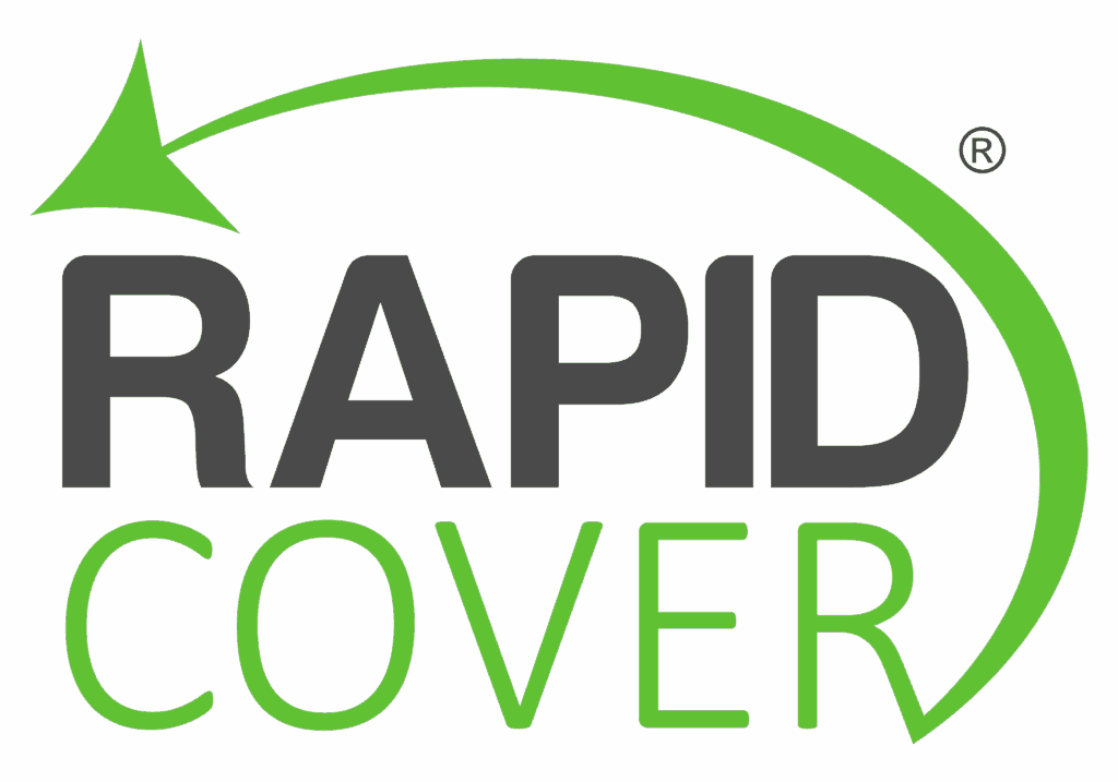 The RAPID COVER logo with "RAPID" in bold black letters and "COVER" in green letters, featuring a green arrow curving over the words, reflects our focus on temporary site solutions.