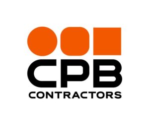 The CPB Contractors logo features two orange circles and one orange square above the bold black letters "CPB," with the word "CONTRACTORS" in smaller black text below.